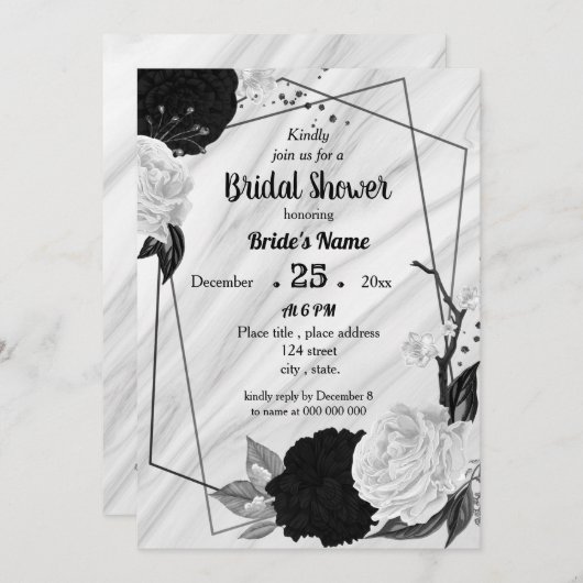 Invitation Douche nuptiale géométrique florale noire et blanc (Devant / Derrière)
