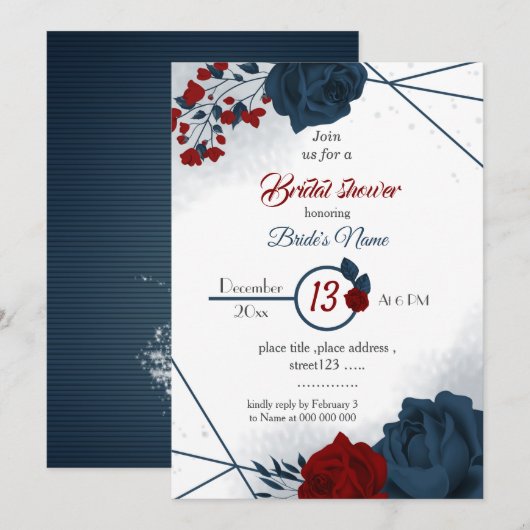 Invitation douche nuptiale géométrique marine & bordeaux (Devant / Derrière)