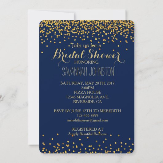 Invitation Douche nuptiale Gold et Blue Glam Confetti Dots (Devant)