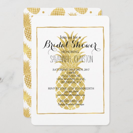 Invitation Douche nuptiale Gold Glitzy Pineappy (Devant / Derrière)