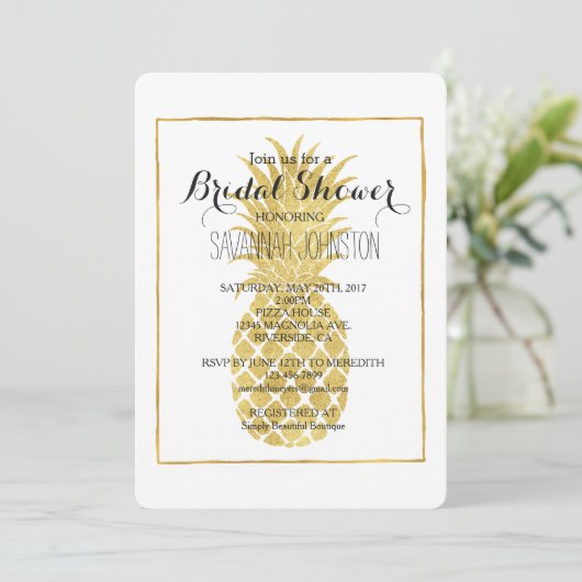 Invitation Douche nuptiale Gold Glitzy Pineappy (Debout devant)