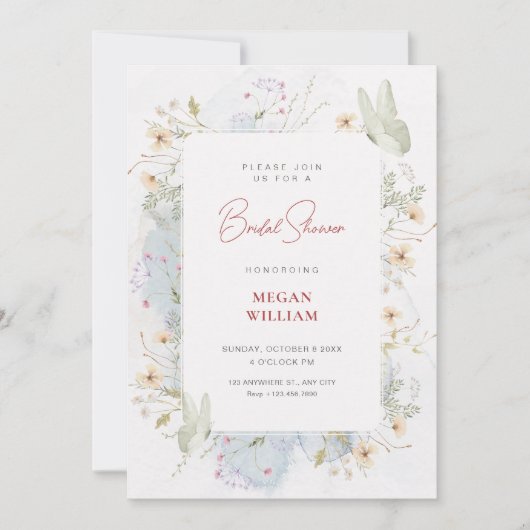Invitation Douche nuptiale gris blanc fleur sauvage (Devant)