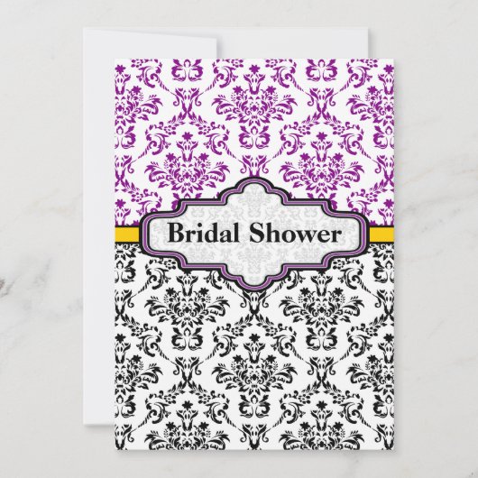 Invitation Douche nuptiale mariage damassé jaune violet noir (Devant)