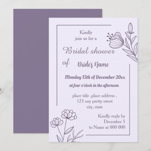 Invitation Douche nuptiale mauve simple (Devant / Derrière)