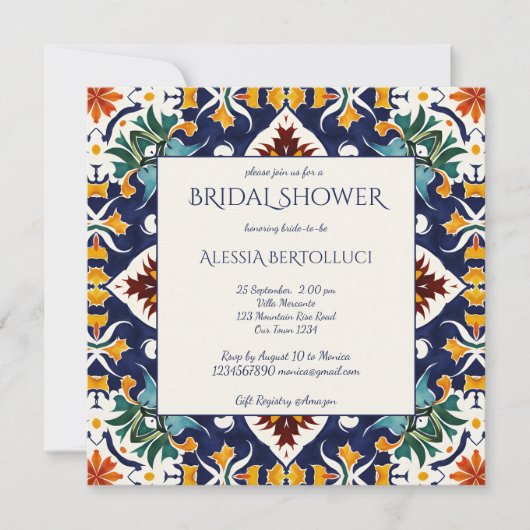 Invitation Douche nuptiale méditerranéenne bleu azulejo (Devant)