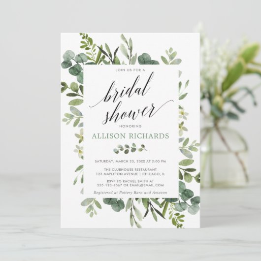 Invitation Douche nuptiale moderne à eucalyptus vert (Debout devant)