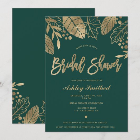 Invitation douche nuptiale moderne vert émeraude feuille (Devant / Derrière)