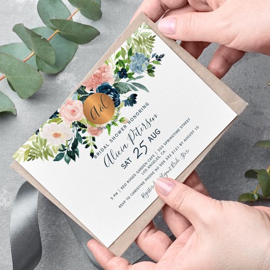 Invitation Douche nuptiale monogramme bleu marine