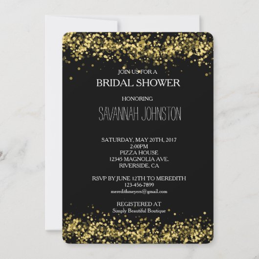 Invitation Douche nuptiale Noir et Or Confetti (Devant)