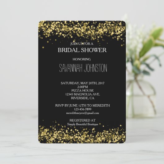 Invitation Douche nuptiale Noir et Or Confetti (Debout devant)