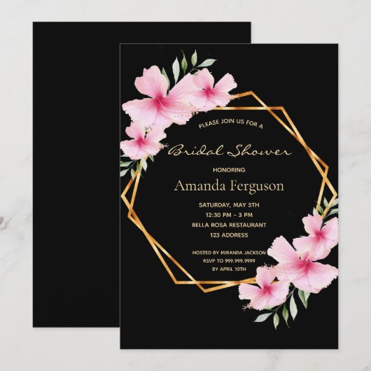Invitation douche nuptiale noir rousse rose floral or geo (Devant / Derrière)