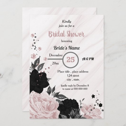 Invitation Douche nuptiale noire et rose douce (Devant / Derrière)