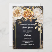 Invitation Douche nuptiale or noir fleur rose floral chic (Devant)