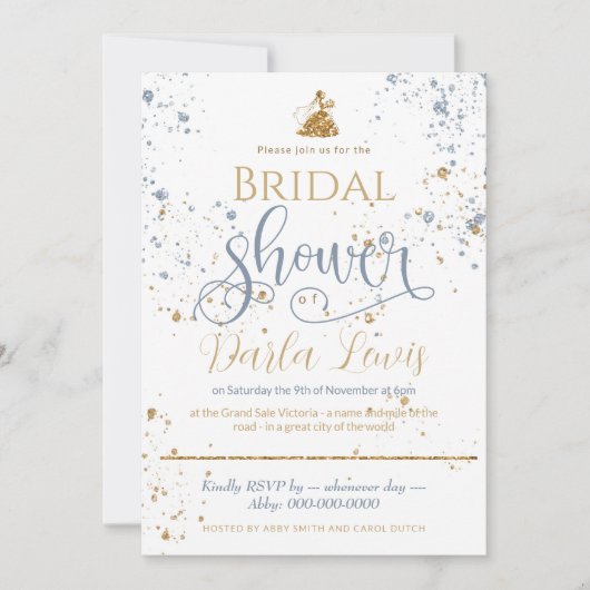 Invitation Douche nuptiale or parties scintillant_bleu poussi (Devant)