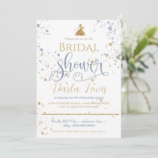 Invitation Douche nuptiale or parties scintillant_bleu poussi (Debout devant)