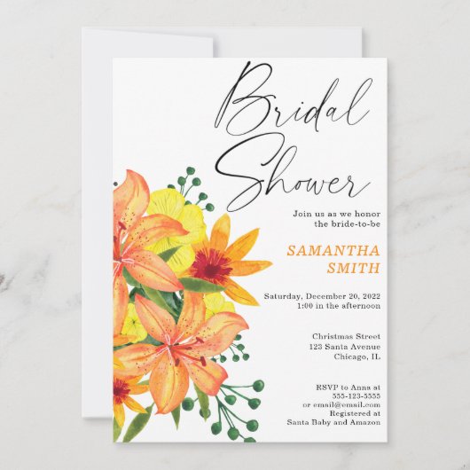 Invitation Douche nuptiale orangée de fleurs d'aquarelle (Devant)