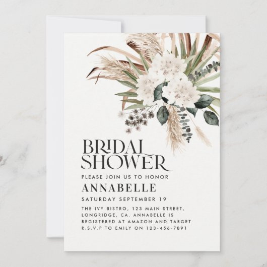 Invitation Douche nuptiale pampas herbe moderne noir rustique (Devant)