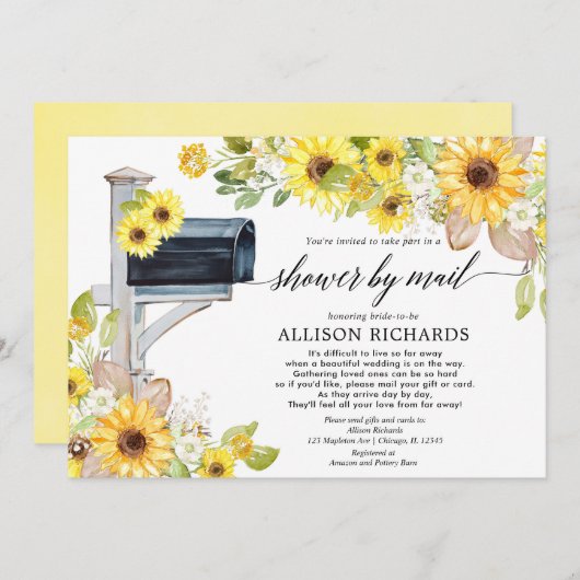 Invitation Douche nuptiale par courrier jaune tournesol blanc (Devant / Derrière)