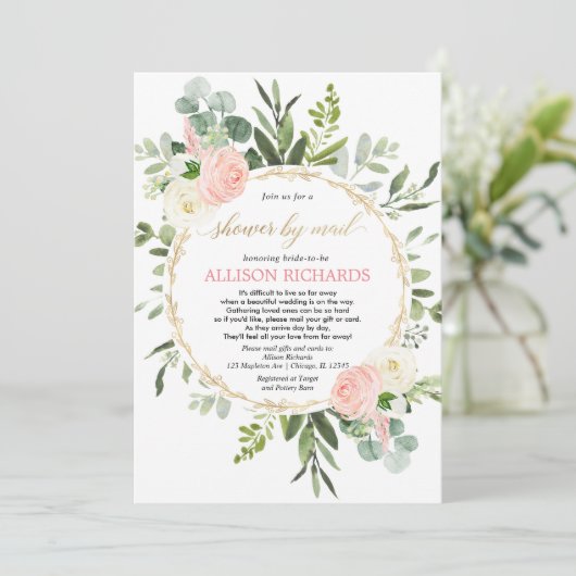 Invitation Douche nuptiale par mail rose or verdure élégante (Debout devant)