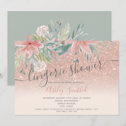 Invitation Douche nuptiale parties scintillant aquarelle flor (Devant / Derrière)