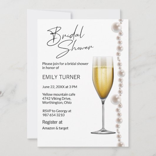 Invitation Douche nuptiale perles et champagne (Devant)