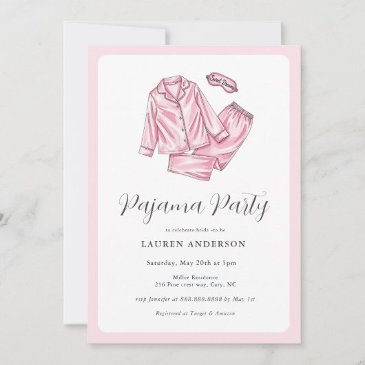 Invitation Douche nuptiale pour la fête du pyjama rose mignon (Devant)