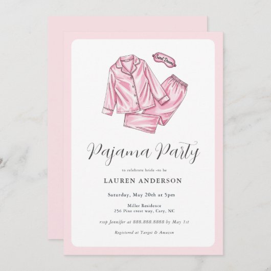 Invitation Douche nuptiale pour la fête du pyjama rose mignon (Devant / Derrière)