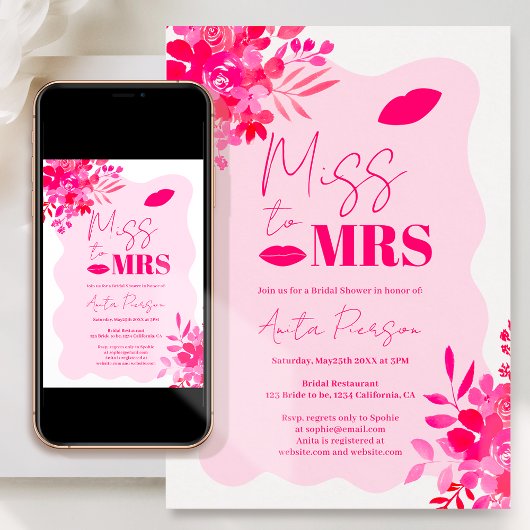 Invitation Douche nuptiale rose chaud à cadre ondulé rose rou