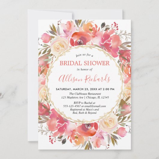 Invitation Douche nuptiale rose corail (Devant)