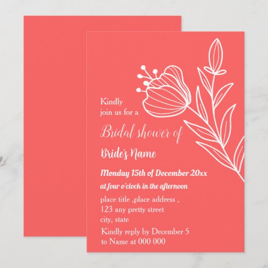 Invitation Douche nuptiale rose corail simple (Devant / Derrière)