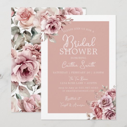 Invitation Douche nuptiale rose Dusty Rose floral (Devant / Derrière)