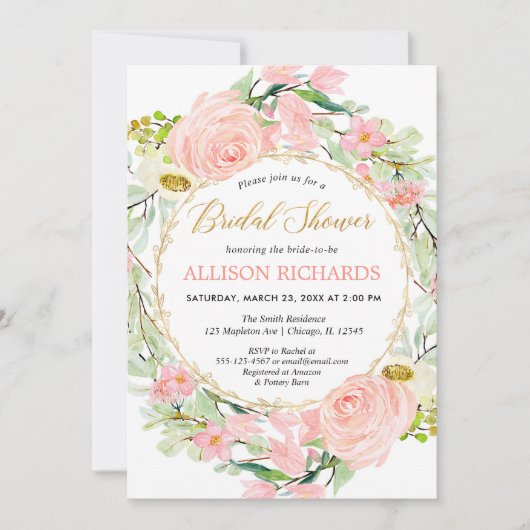 Invitation Douche nuptiale rose et dorée (Devant)