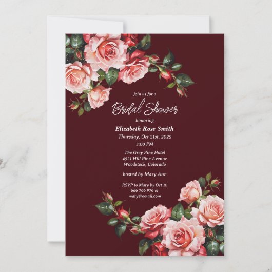 Invitation Douche nuptiale rose foncé et roses rouges (Devant)