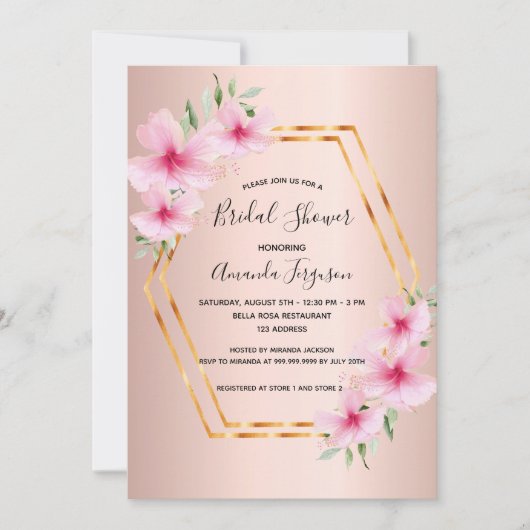 Invitation Douche nuptiale Rose or rose roux fleurs geo (Devant)