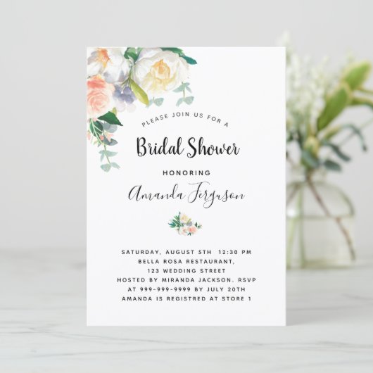 Invitation Douche nuptiale rose rose blanche (Debout devant)
