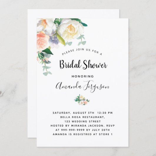 Invitation Douche nuptiale rose rose blanche (Devant / Derrière)