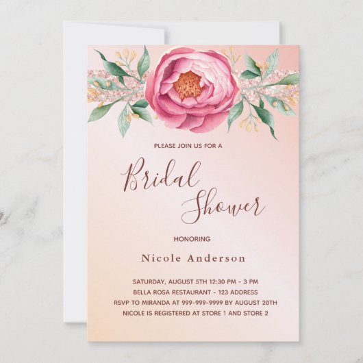 Invitation Douche nuptiale rose rose rose rose floral (Devant)
