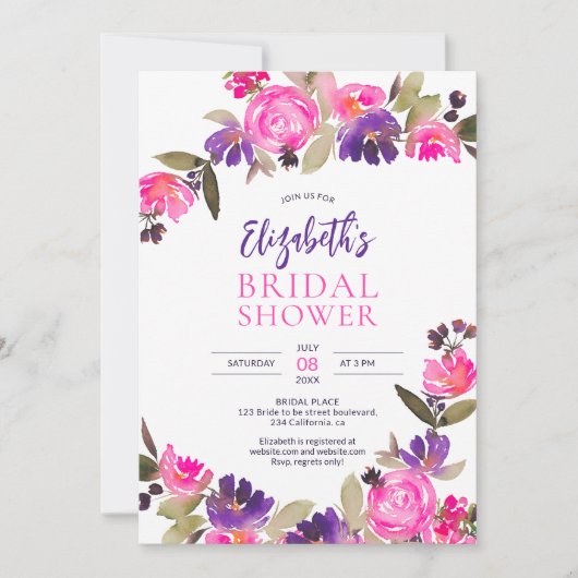 Invitation Douche nuptiale rose violet jolie (Devant)