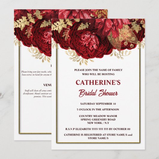 Invitation Douche nuptiale rouge or blanc rose (Devant / Derrière)