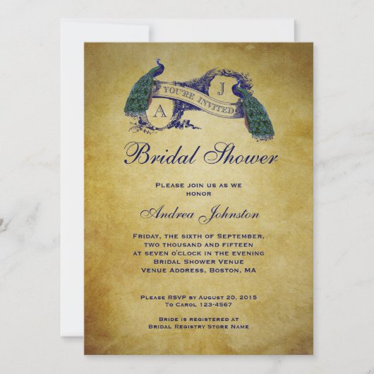Invitation Douche nuptiale rustique de paon (Devant)