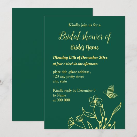 Invitation Douche nuptiale vert émeraude fleur d'or simple (Devant / Derrière)