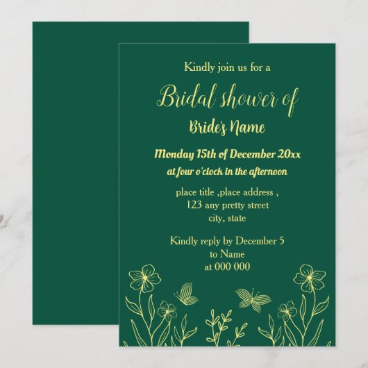 Invitation Douche nuptiale vert émeraude fleur d'or simple (Devant / Derrière)