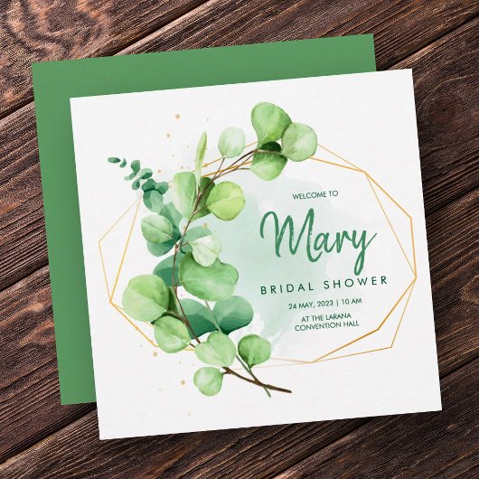 Invitation Douche nuptiale verte et dorée eucalyptus vert