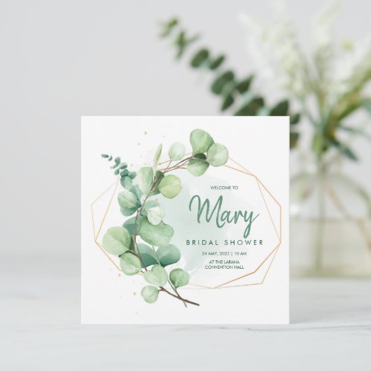 Invitation Douche nuptiale verte et dorée eucalyptus vert (Debout devant)