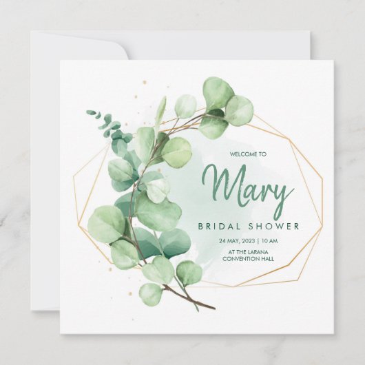 Invitation Douche nuptiale verte et dorée eucalyptus vert (Devant)