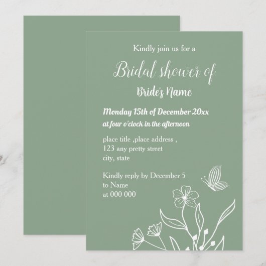 Invitation Douche nuptiale verte sauge simple (Devant / Derrière)