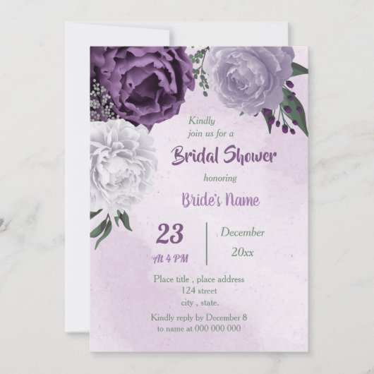 Invitation douche nuptiale violette & blanc fleurie (Devant)