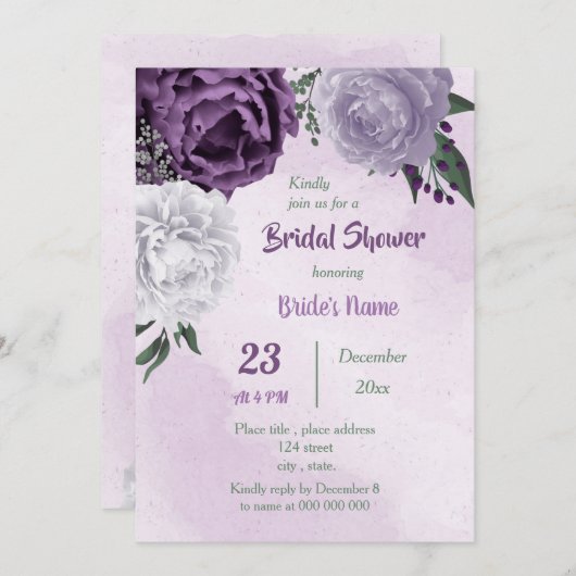 Invitation douche nuptiale violette & blanc fleurie (Devant / Derrière)