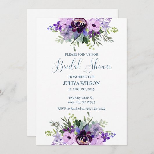 Invitation Douche nuptiale violette et verte (Devant / Derrière)