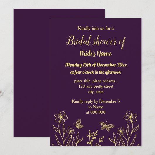 Invitation Douche nuptiale violette fleur d'or simple (Devant / Derrière)